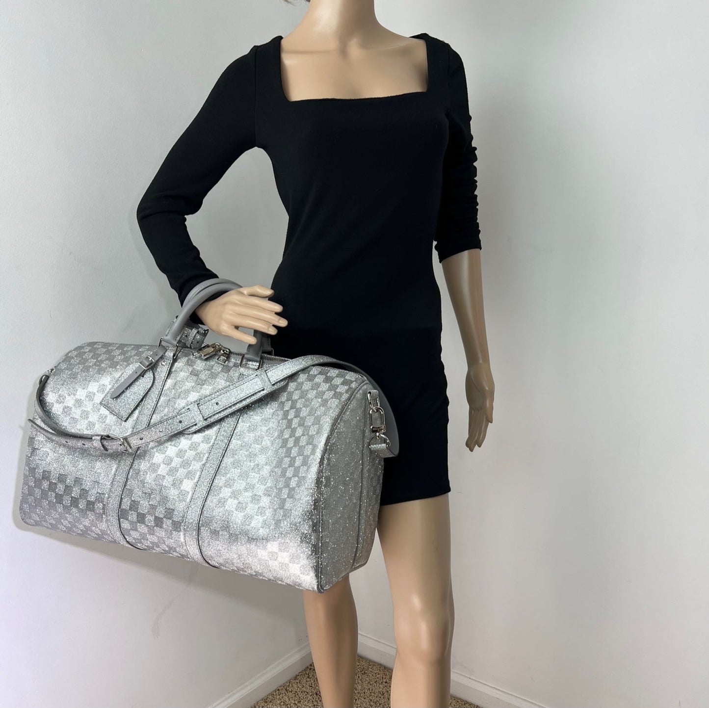 Louis Vuitton Keepall Bandoulière 50B Silver Glitter Damier Pattern Duffle Bag Preowned