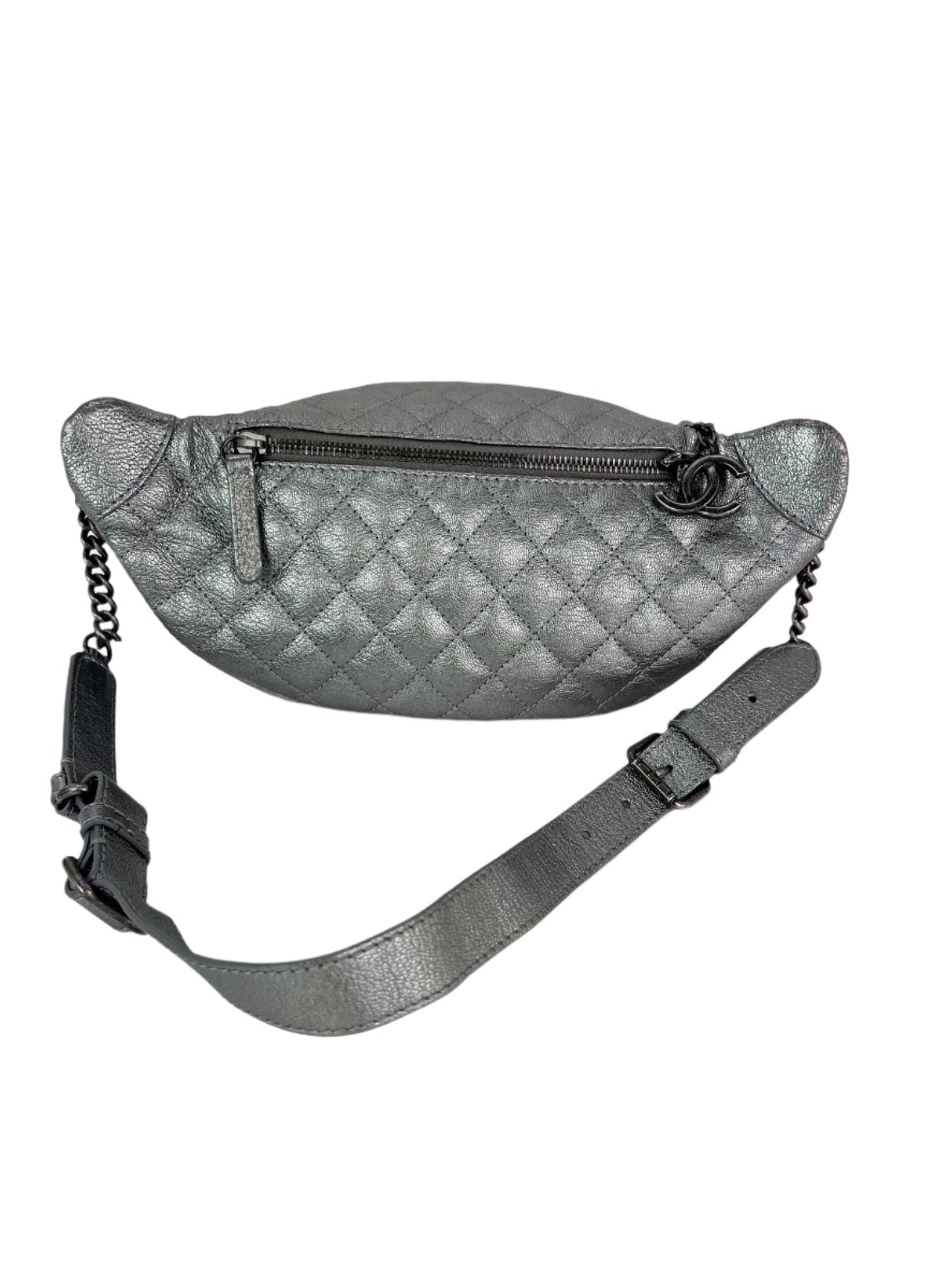 Chanel Metallic Dark Silver Calfskin Quilted Banane Fanny Pack Waist Bag