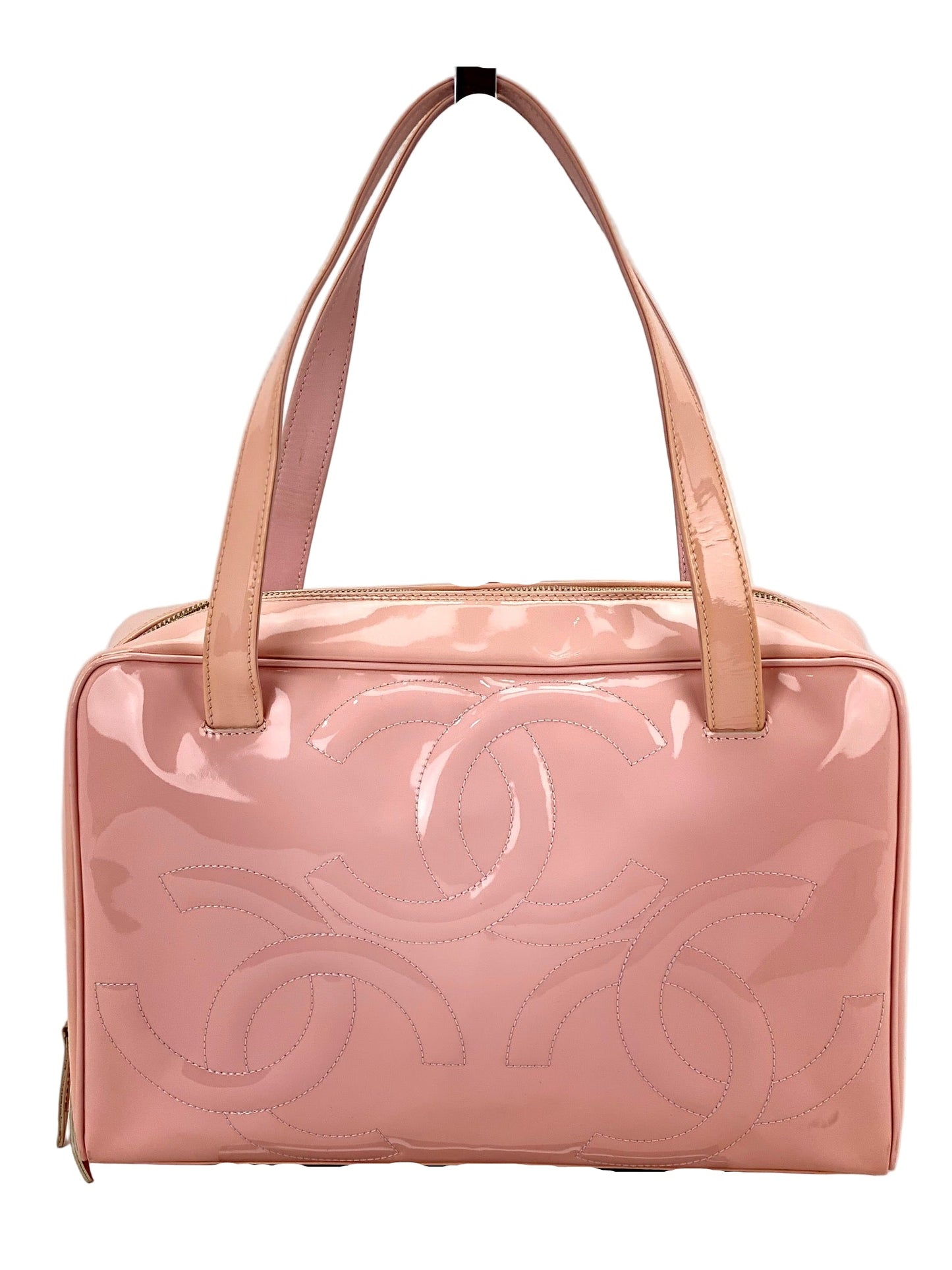 Chanel Triple CC Logo Medium Pink Patent Leather Tote Shoulder Bag Pre owned