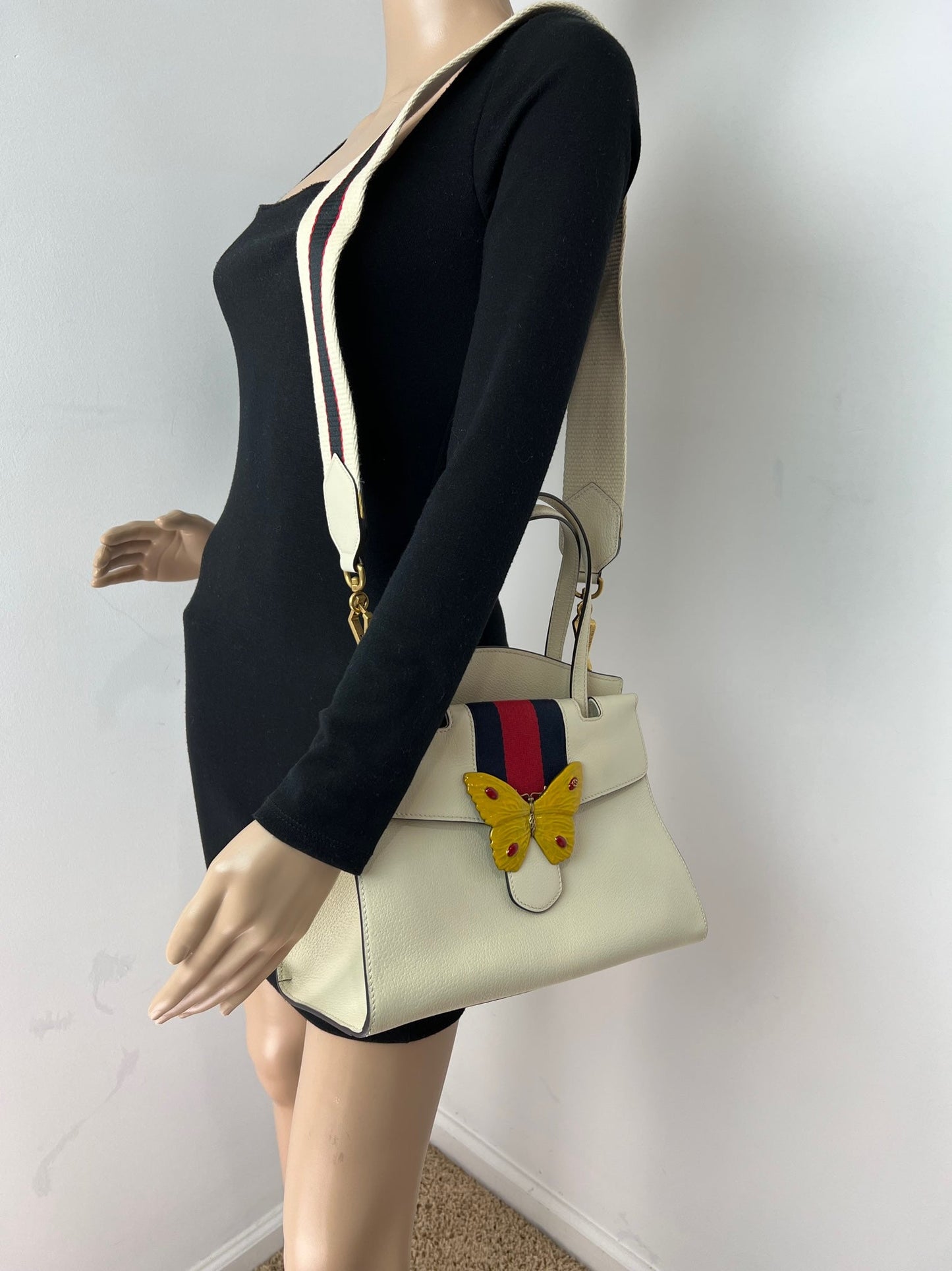 GUCCI Linea Medium Totem Web Stripped Yellow Butterfly Top Handle Bag Preowned