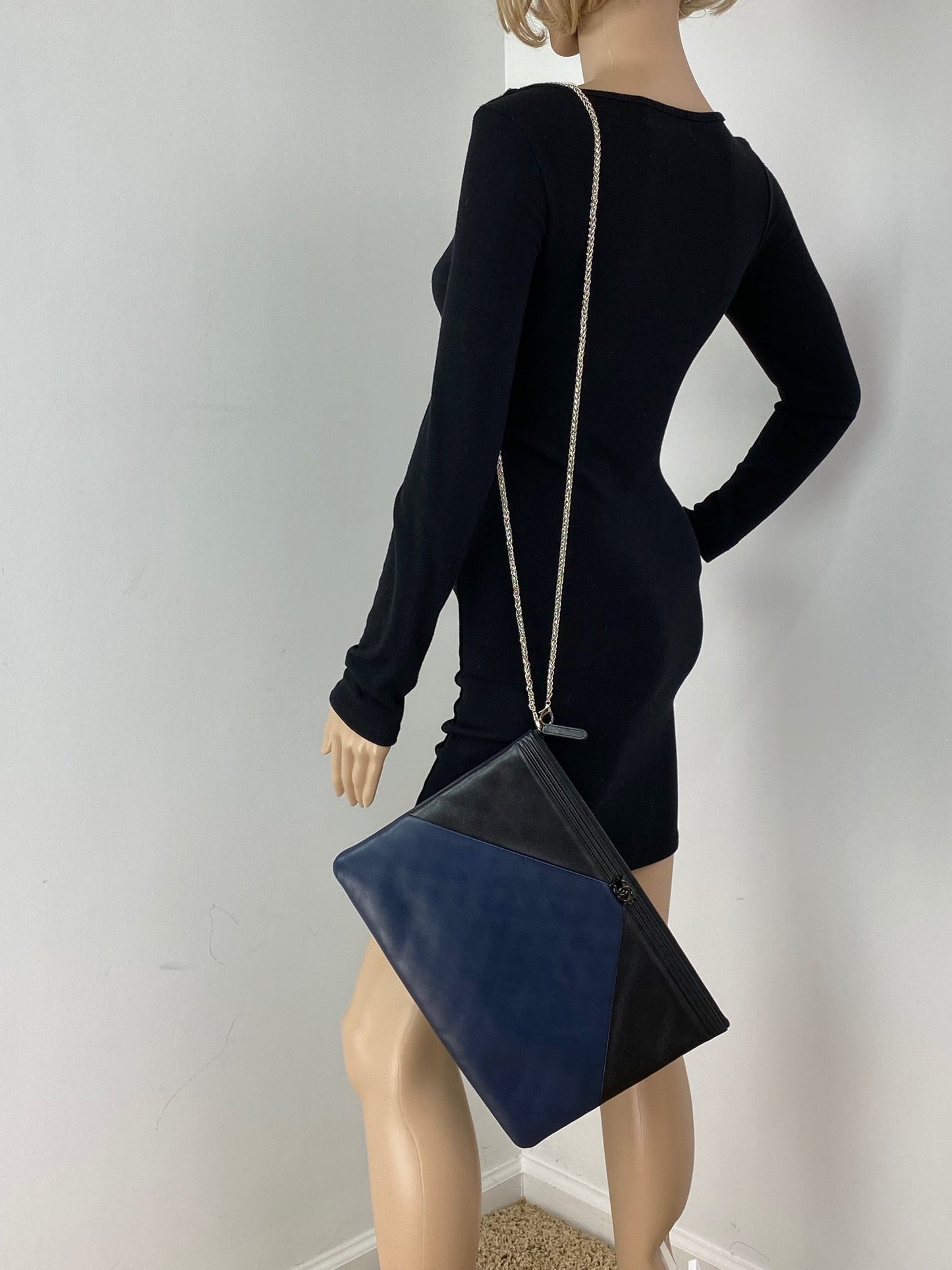 Chanel Quilted Lambskin Leather Black Blue Large Boy Zip Pouch