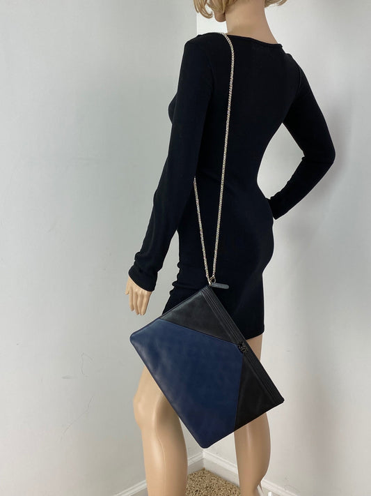 Chanel Quilted Lambskin Leather Black Blue Large Boy Zip Pouch