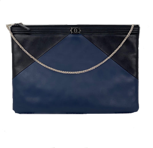 Chanel Quilted Lambskin Leather Black Blue Large Boy Zip Pouch