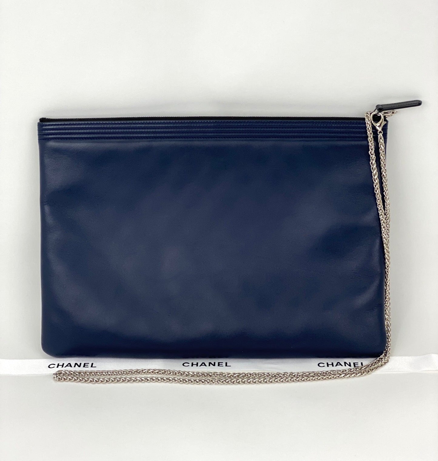 Chanel Quilted Lambskin Leather Black Blue Large Boy Zip Pouch