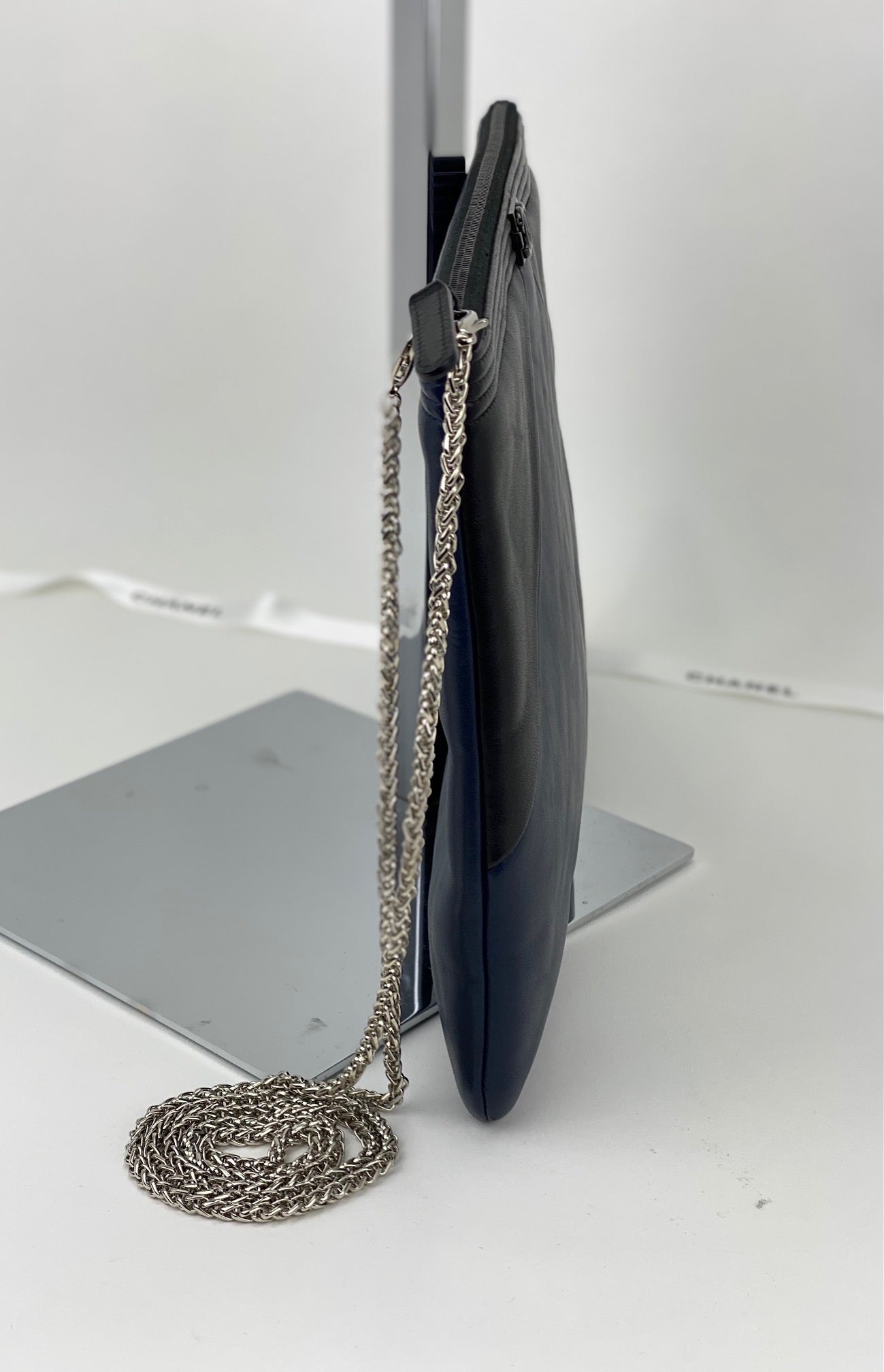 Chanel Quilted Lambskin Leather Black Blue Large Boy Zip Pouch