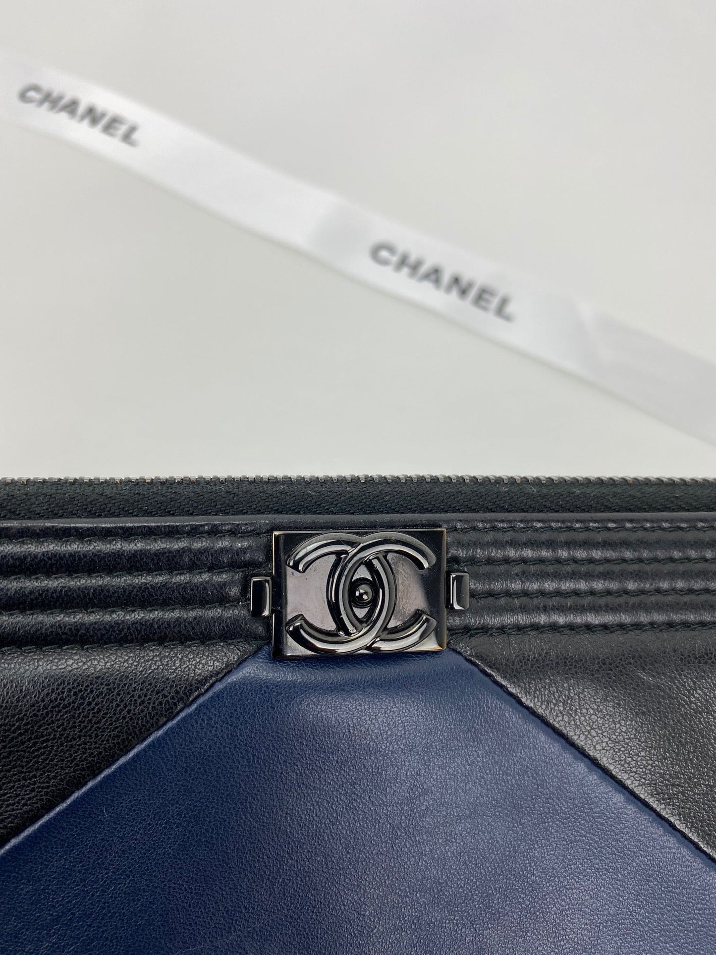 Chanel Quilted Lambskin Leather Black Blue Large Boy Zip Pouch