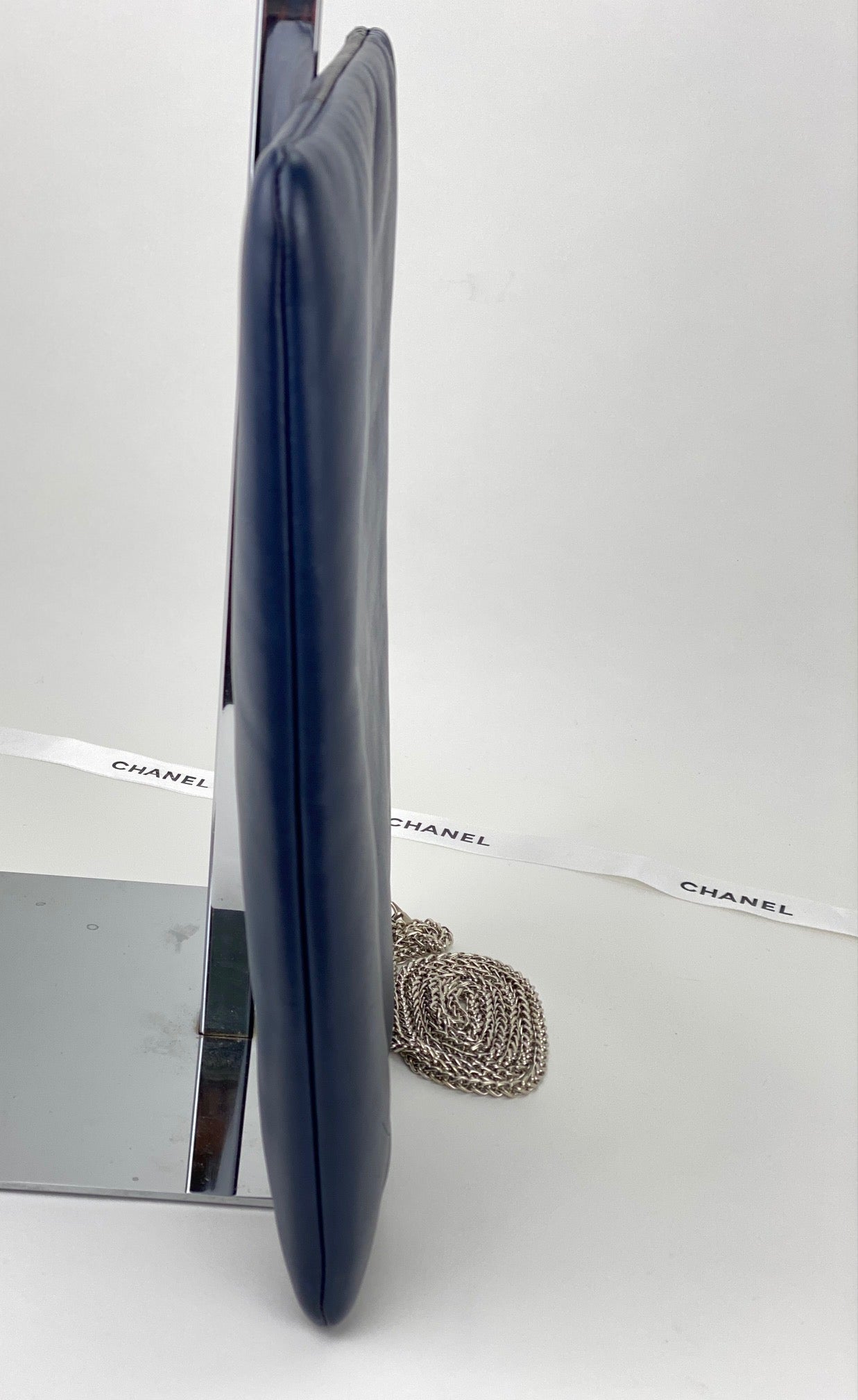 Chanel Quilted Lambskin Leather Black Blue Large Boy Zip Pouch