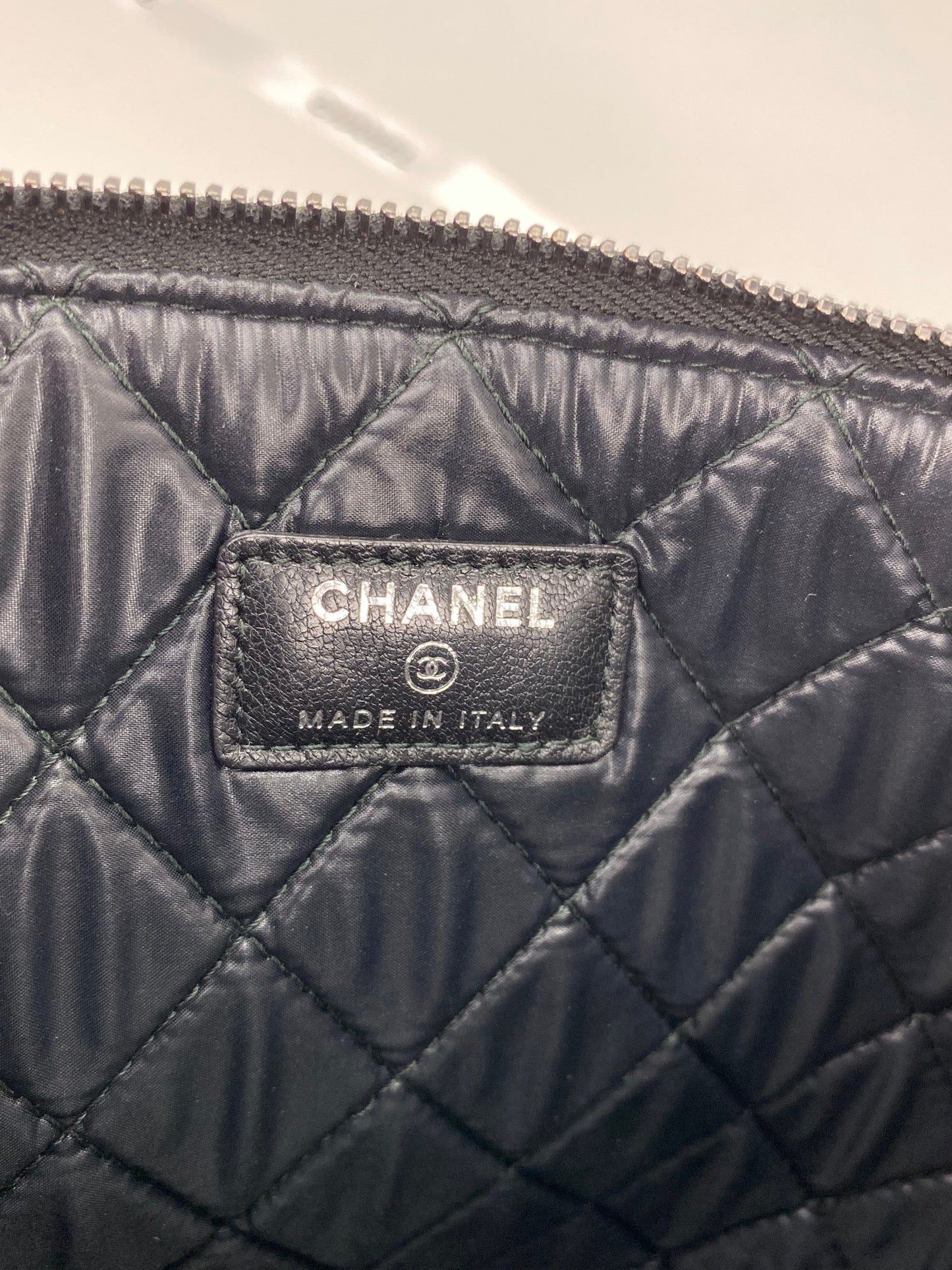 Chanel Quilted Lambskin Leather Black Blue Large Boy Zip Pouch