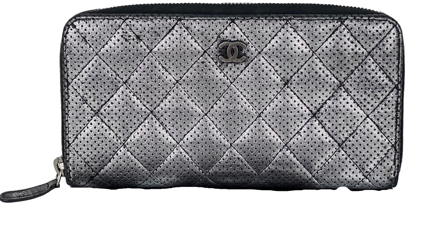 Chanel Perforated Silver Metallic Lambskin Quilted Zip Around Wallet Clutch