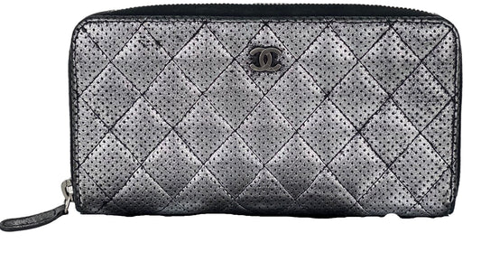 Chanel Perforated Silver Metallic Lambskin Quilted Zip Around Wallet Clutch