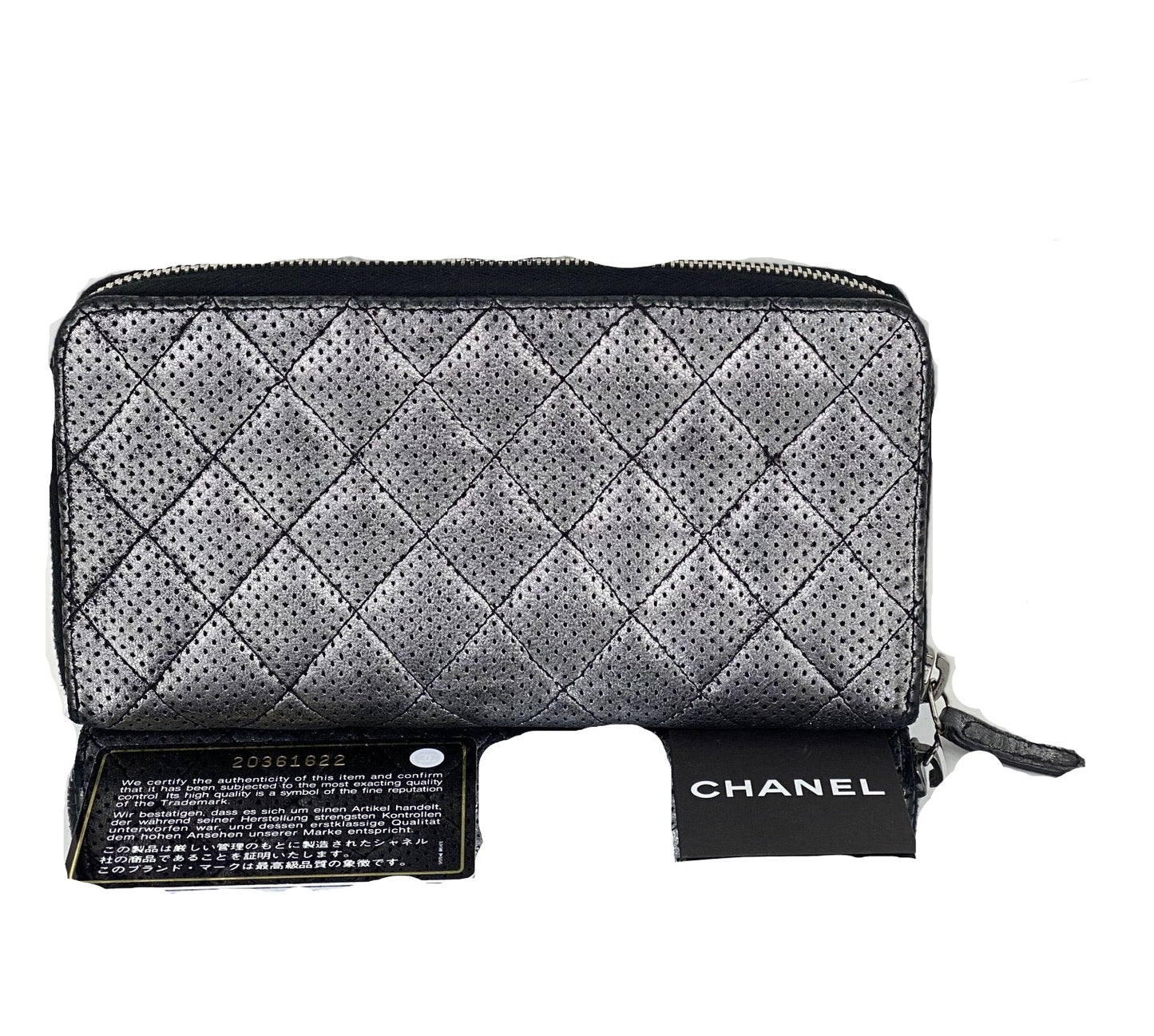 Chanel Perforated Silver Metallic Lambskin Quilted Zip Around Wallet Clutch
