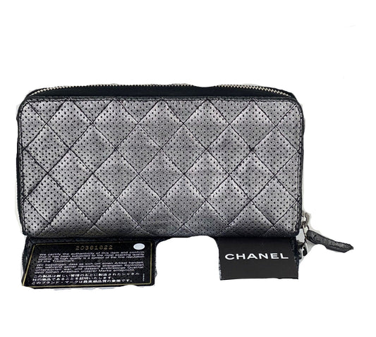 Chanel Perforated Silver Metallic Lambskin Quilted Zip Around Wallet Clutch