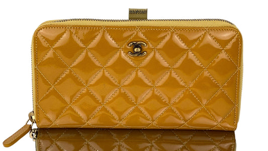 Chanel Quilted Yellow Patent Leather Brilliant Zip Around Wallet Clutch