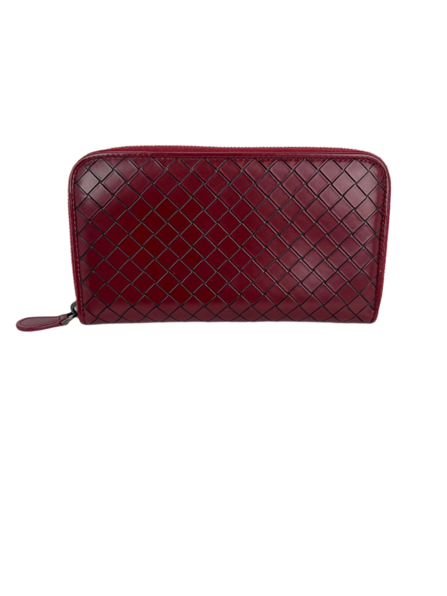 Bottega Veneta Burgundy Intrecciato Zip Around Leather Wallet Clutch