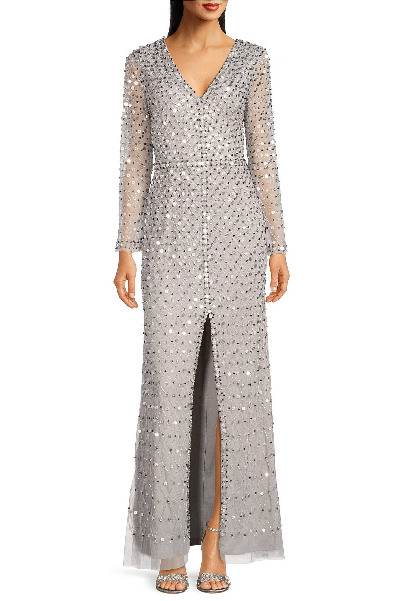 Aidan Mattox Sequined V-Neck Long Sleeve Slit Front Zipper Back Mesh Gown