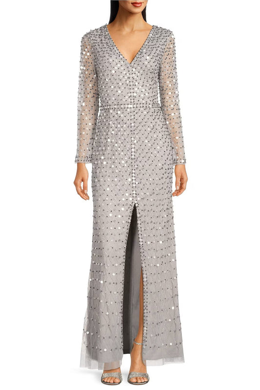 Aidan Mattox Sequined V-Neck Long Sleeve Slit Front Zipper Back Mesh Gown