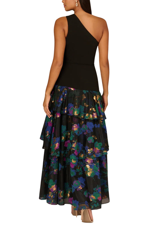 Aidan Mattox Floral Jacquard One Shoulder Sleeveless Asymmetrical Drop Waist Tiered Gown