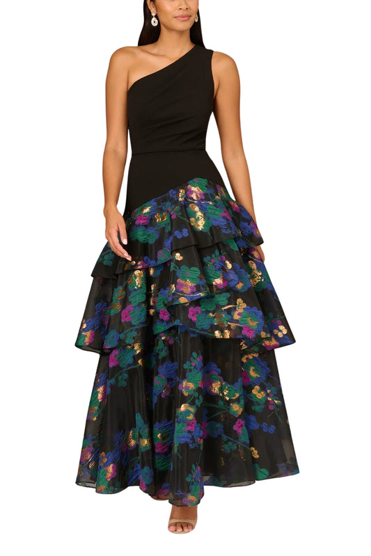 Aidan Mattox Floral Jacquard One Shoulder Sleeveless Asymmetrical Drop Waist Tiered Gown