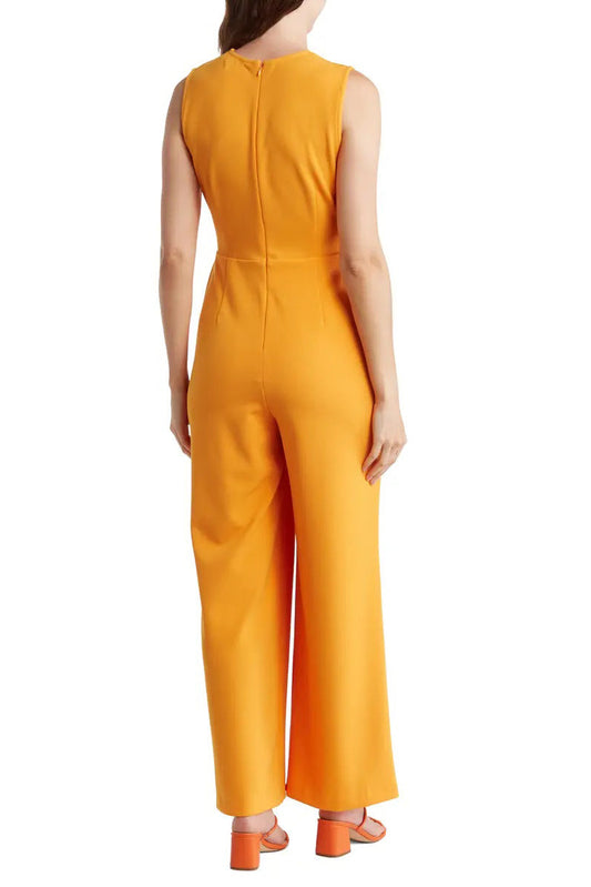 Nicole Miller round neck sleeveless zipper closure twist front solid stretch crepe jumpsuit with open sides by the waist