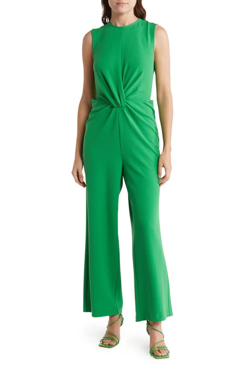 Nicole Miller round neck sleeveless zipper closure twist front solid stretch crepe jumpsuit with open sides by the waist