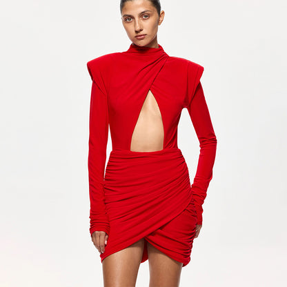 Long-Sleeve Cut-Out Bodycon Dress with Padded Shoulders – Sexy Slim Fit