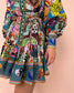 Printed Lace up Cotton Linen Pleated Dress