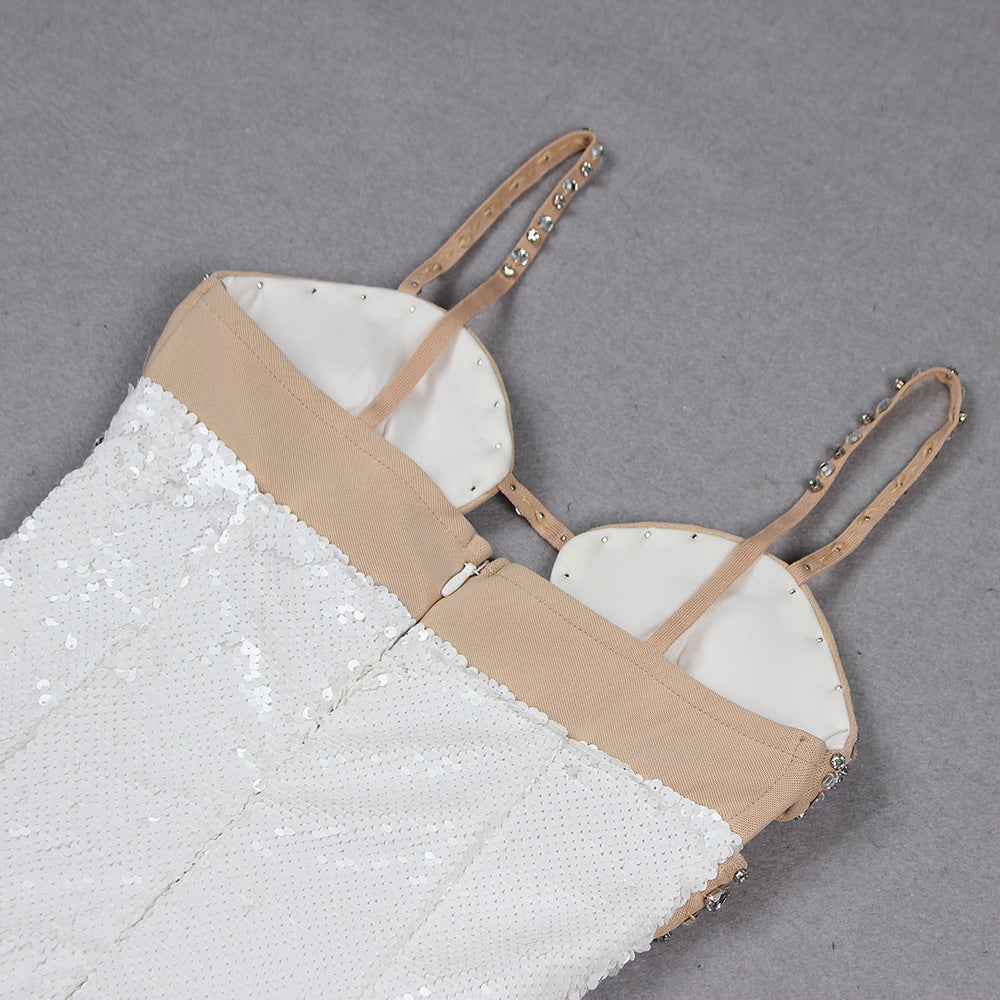 High End White Midi Sequin Dress with Rhinestone Bustier & Cut-Out Detail – Luxury Evening Look