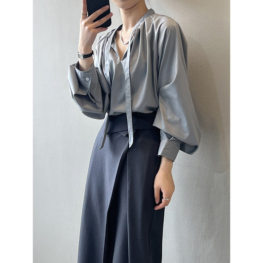 French V neck Shirt Women Spring Casual Lace up Chic Top