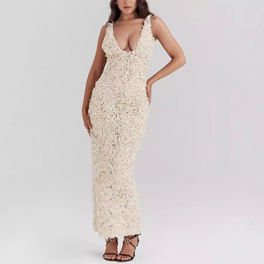 Champagne Party Rose Floral Applique Slit Pencil Maxi Dress