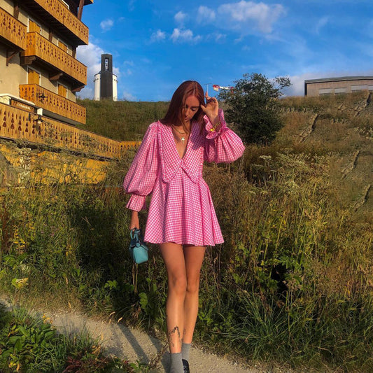 Pink Plaid Doll Collar Long Sleeve Dress