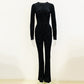 Goods Zebra Stripes See through Carved Velvet Jumpsuit Bell-Bottom Pants Suit Two Piece Set