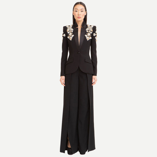 Star Exquisite Rhinestone  Blazer Split Trousers Suit