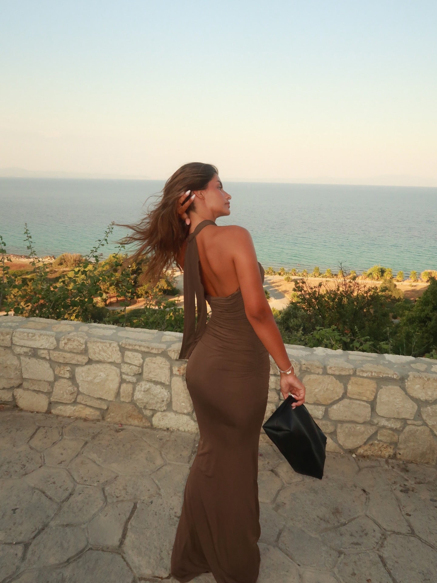 Autumn Winter Slim Slimming Wrapped Chest Hip Dress Sexy Coffee Color Cross Halterneck Dress