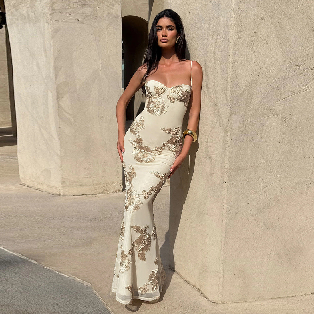 Women Clothing Sexy Slim Fit Slimming Backless Lace up Maxi Dress