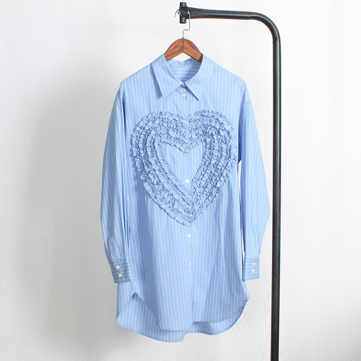 Niche Design Sky Blue Striped  Heart Loose  Oversize Women Shirt