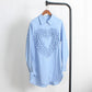 Niche Design Sky Blue Striped  Heart Loose  Oversize Women Shirt