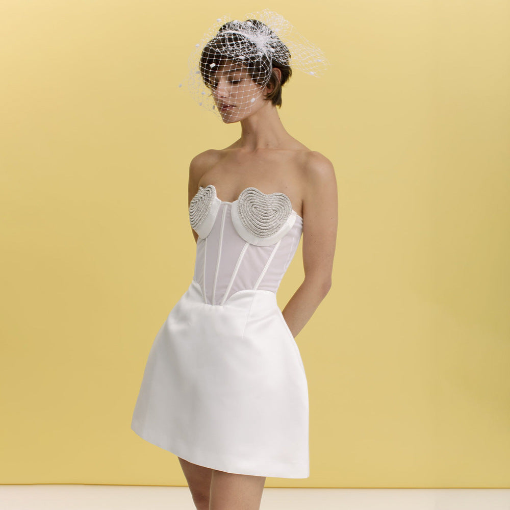 Sexy Peach Heart Drilling a Swing Strapless Dress Autumn Mesh  Backless Dress