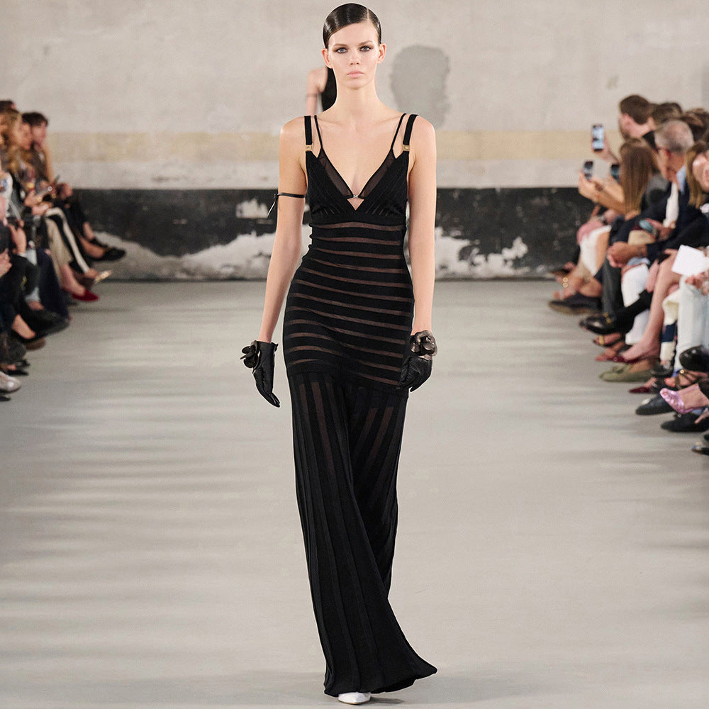 Sexy Deep V Black Sheer Striped Maxi Dress | Runway-Inspired Evening Gown
