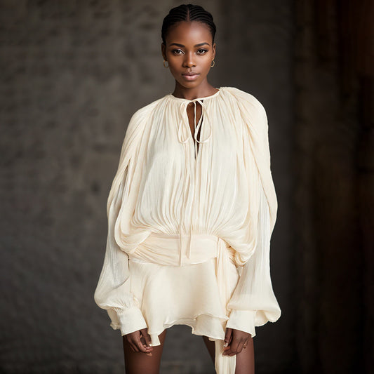 Puff Sleeve Lotus Leaf Skirt  Short Mesh Dress