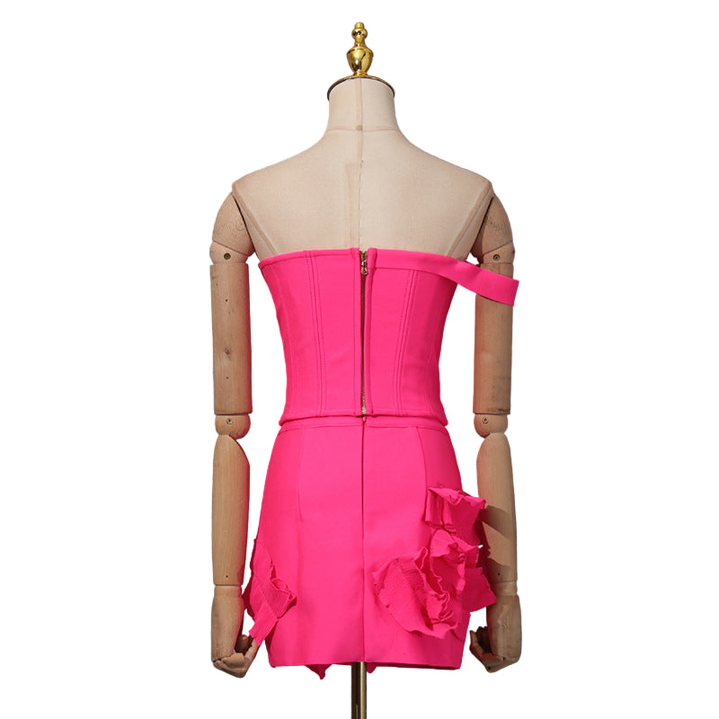 Fantasy Floral Room Barbie Waist Tube Top Two Piece Set Three Dimensional Floral Stitching Solid Color Women Summer