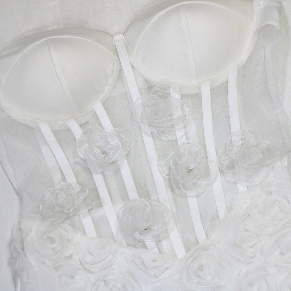 Tube-Top 3D Floral Sheath Dress – Elegant Strapless Mini with Three-Dimensional Detail