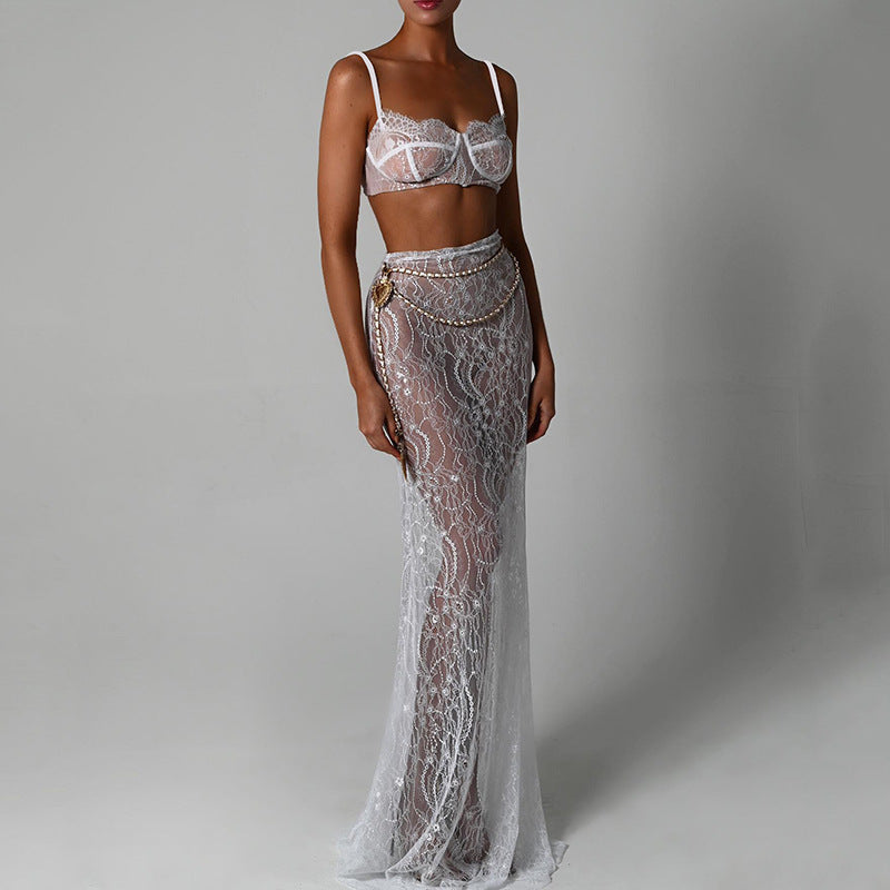 Sexy Sling Backless Sheer Lace Two-Piece Set  Bralette & High-Waist Maxi Mesh Skirt