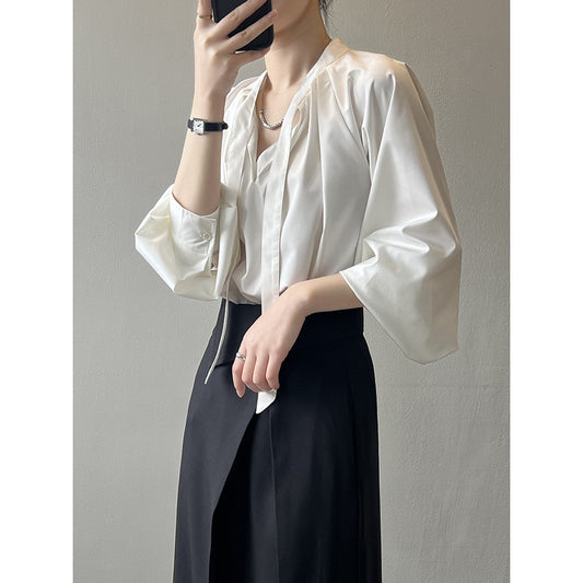 French V neck Shirt Women Spring Casual Lace up Chic Top
