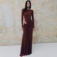 Women Clothing Autumn Solid Color round Neck Long Sleeve Waist Hollow Out Cutout out Strap Slim Maxi Dress