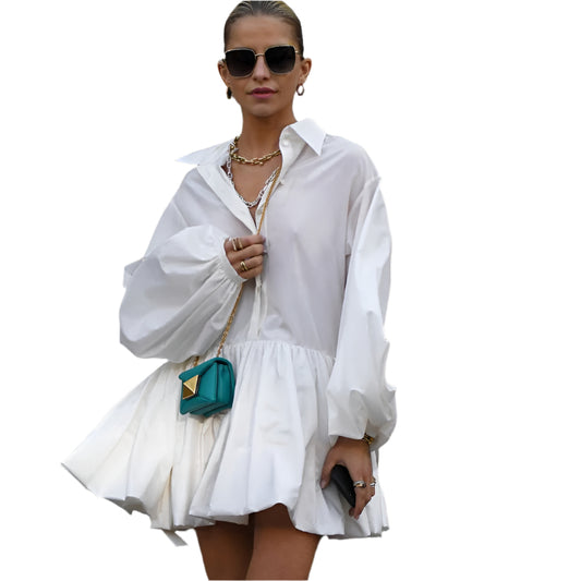 Pleated Dress Collared Puff Sleeve Shirt Dress