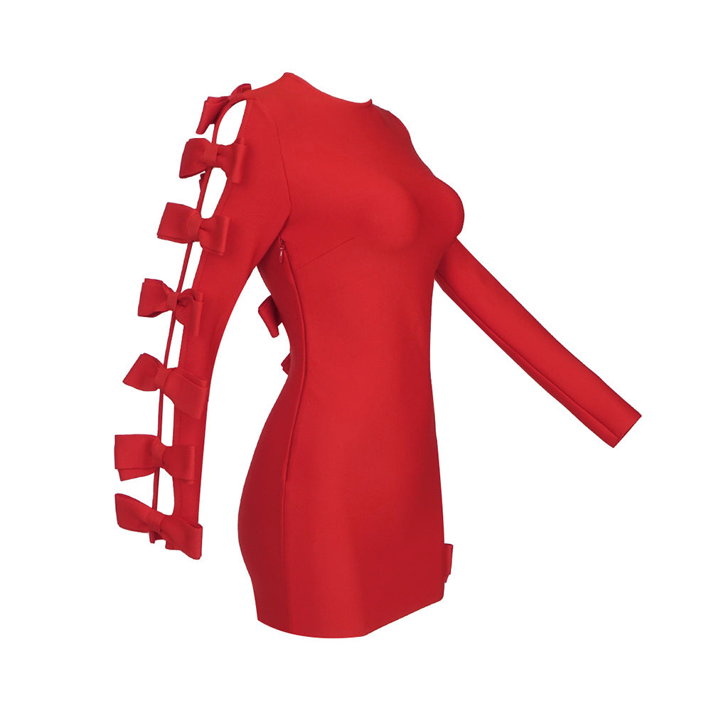 Red Hollow Out Cutout Bow Long Sleeve Bandage Mini Dress