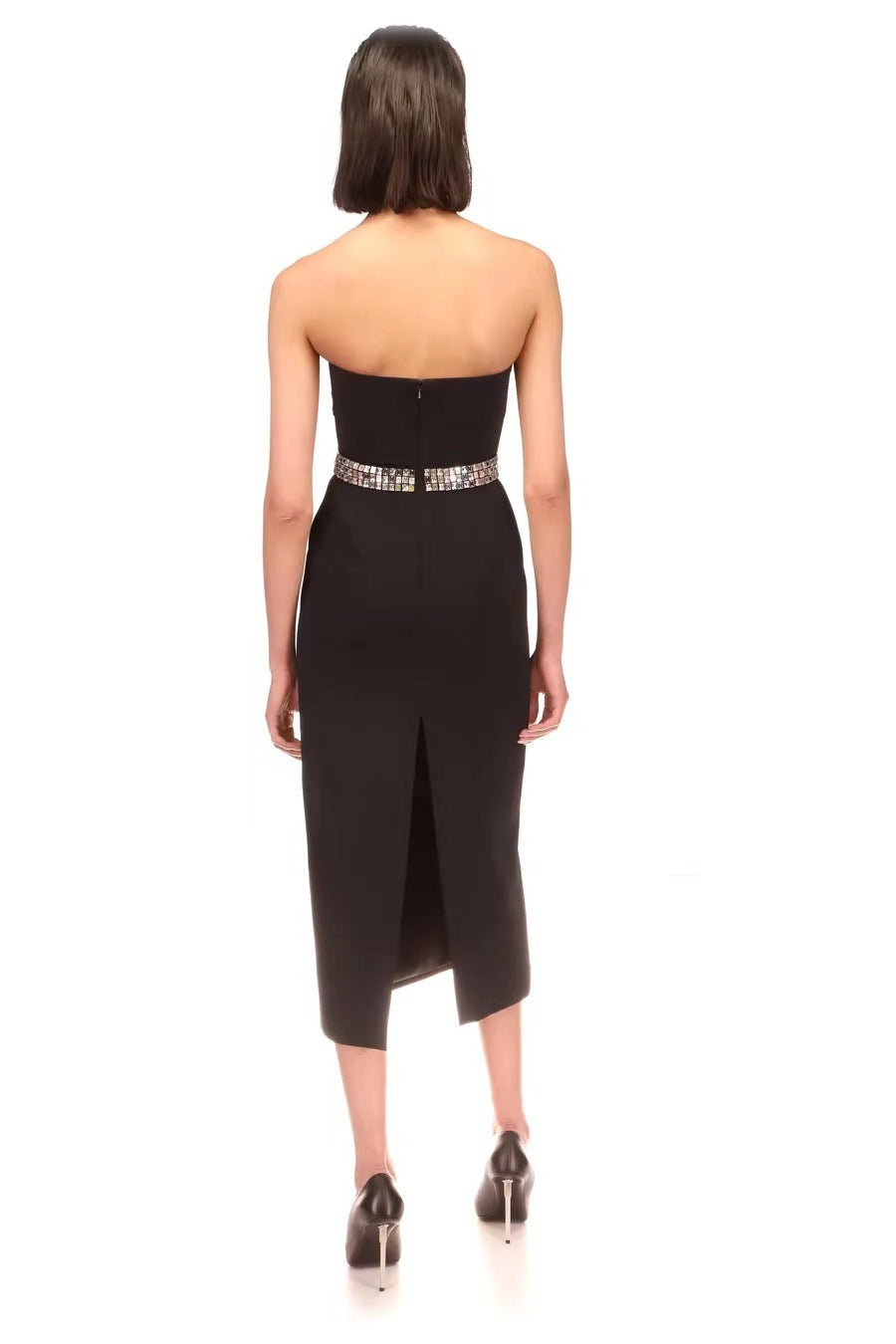 Black Crystal Embellished Cut-Out Midi Dress – Elegant & Sexy Evening Look