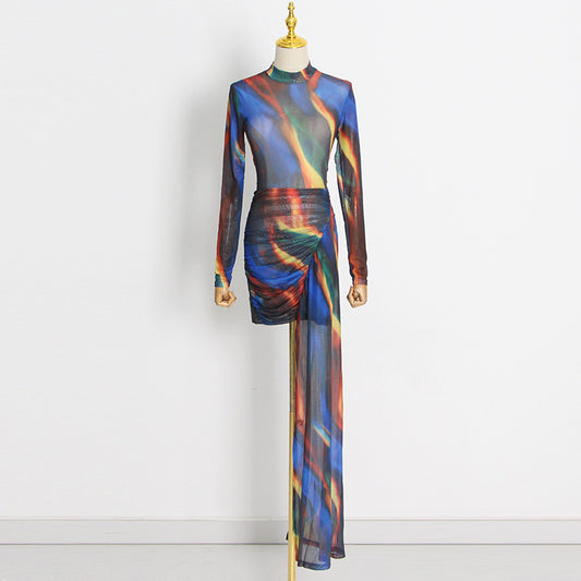 Tie-Dye Asymmetric Long-Sleeve Slim Fit Mini Dress – Sexy Stand Collar Autumn Style