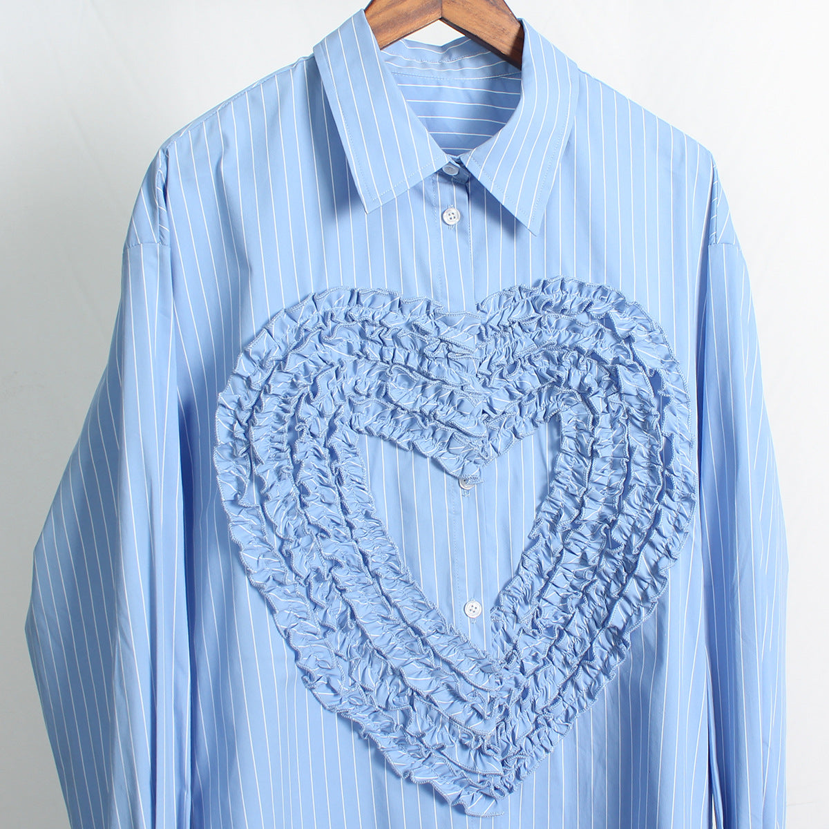 Niche Design Sky Blue Striped  Heart Loose  Oversize Women Shirt