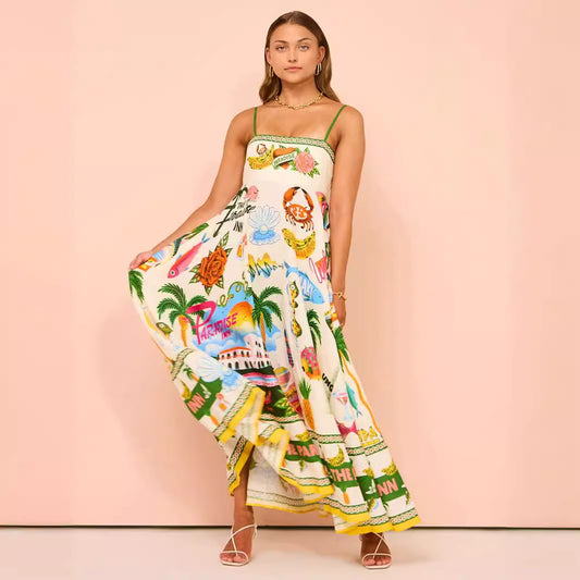 Graffiti Printing Sleeveless Swing Cotton Linen Dress